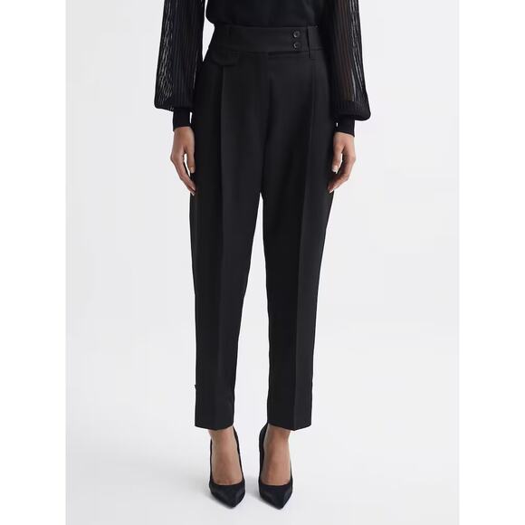 REISS Black High Rise Cropped Tapered Trousers Womens 12 Black Pleat Front - Picture 2 of 16